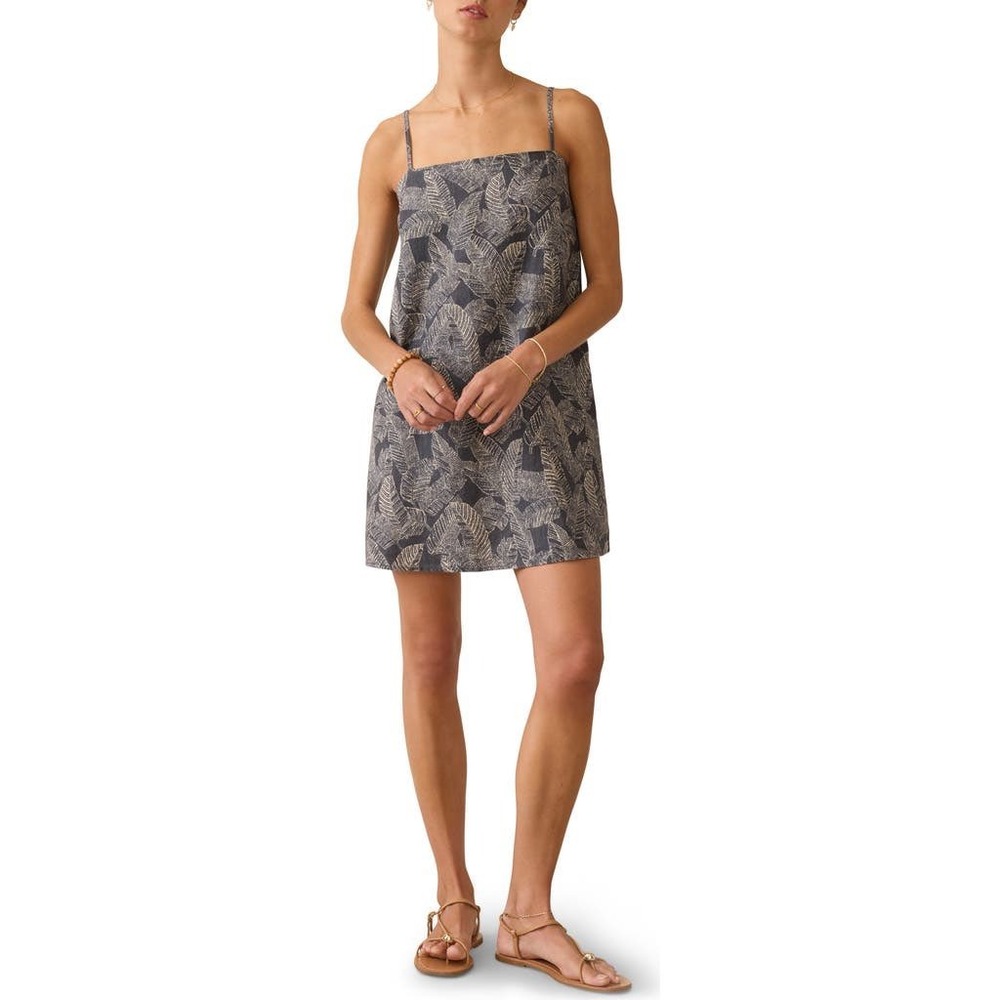 Faherty Womens Navy Blue Palm Leaf Print 100% Linen Mini Shift Dress Size S